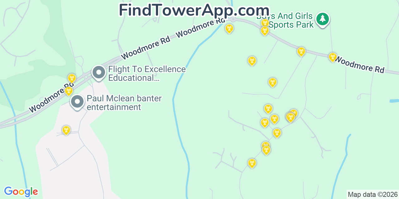 Map showing the 20 primary cell tower locations detected in Woodmore, Maryland from AT&T, Verizon, and T-Mobile networks