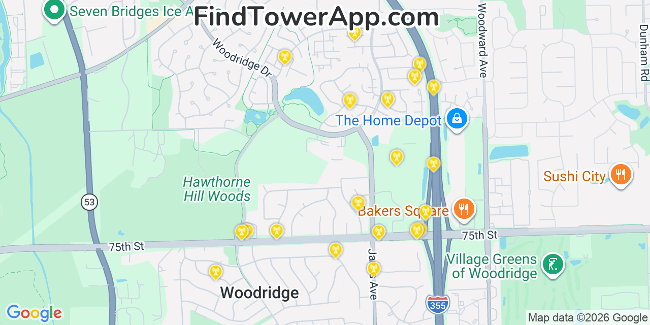 Map showing the 20 primary cell tower locations detected in Woodridge, Illinois from AT&T, Verizon, and T-Mobile networks