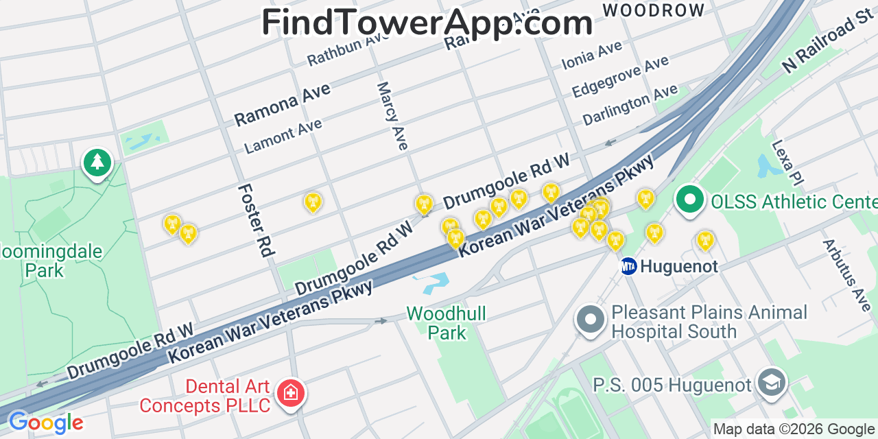 Map showing the 20 primary cell tower locations detected in Woodrow, New York from AT&T, Verizon, and T-Mobile networks