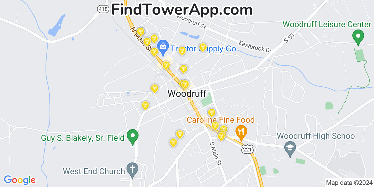 AT&T 4G/5G cell tower coverage map Woodruff, South Carolina