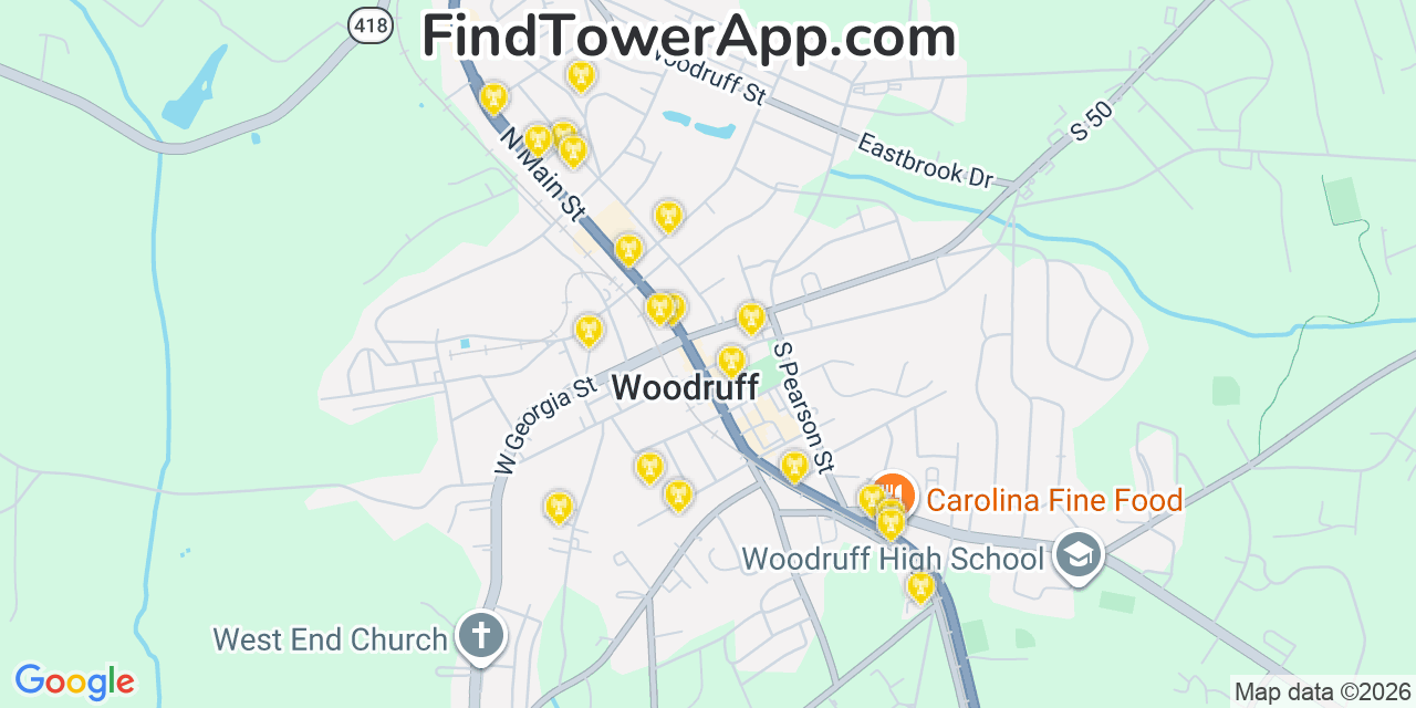 Map showing the 20 primary cell tower locations detected in Woodruff, South Carolina from AT&T, Verizon, and T-Mobile networks
