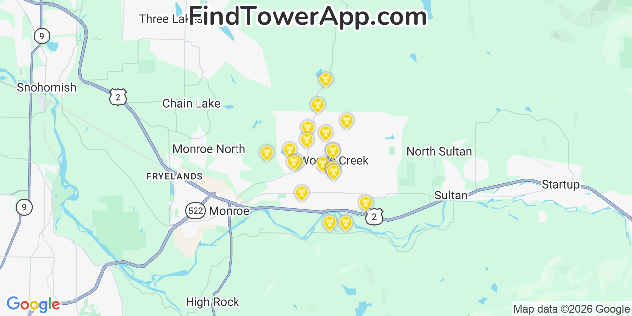 Map showing the 20 primary cell tower locations detected in Woods Creek, Washington from AT&T, Verizon, and T-Mobile networks