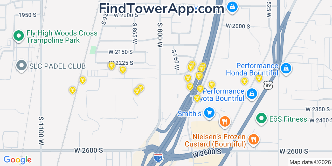 Map showing the 20 primary cell tower locations detected in Woods Cross, Utah from AT&T, Verizon, and T-Mobile networks