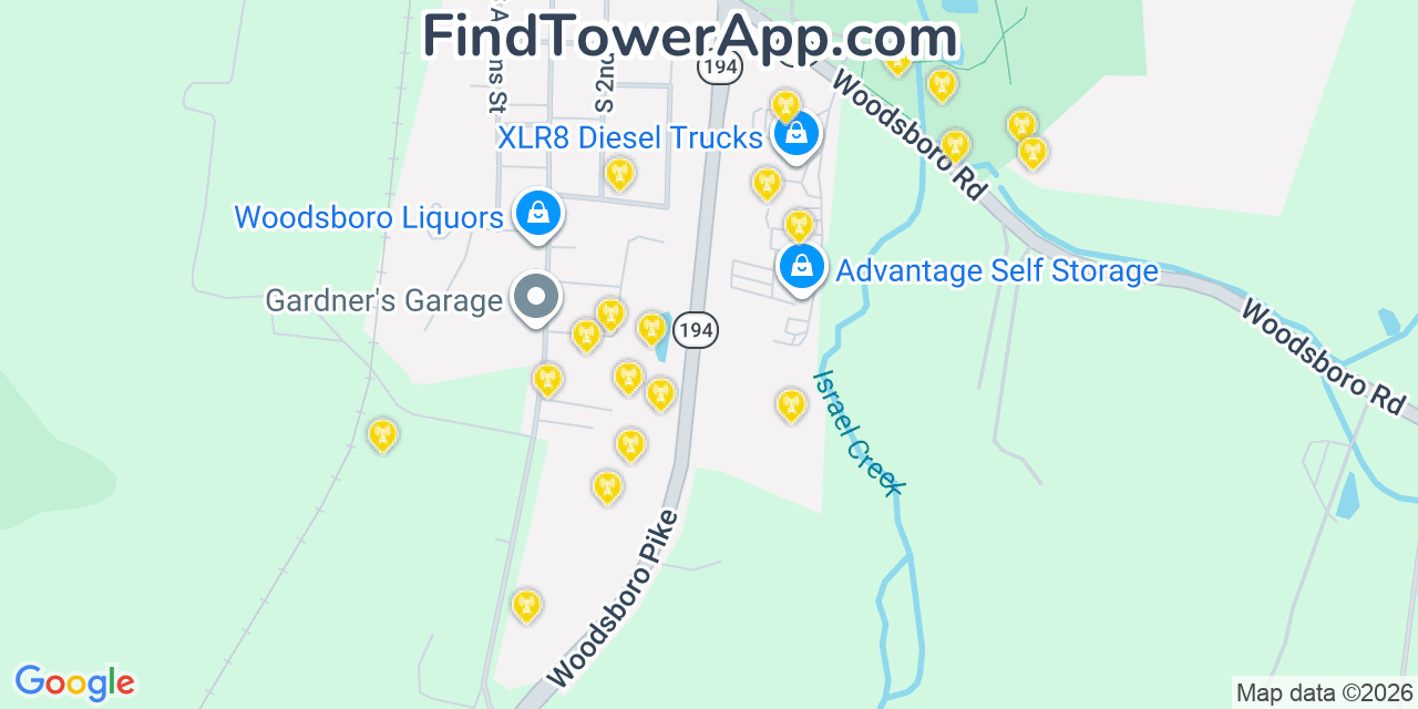 Map showing the 20 primary cell tower locations detected in Woodsboro, Maryland from AT&T, Verizon, and T-Mobile networks