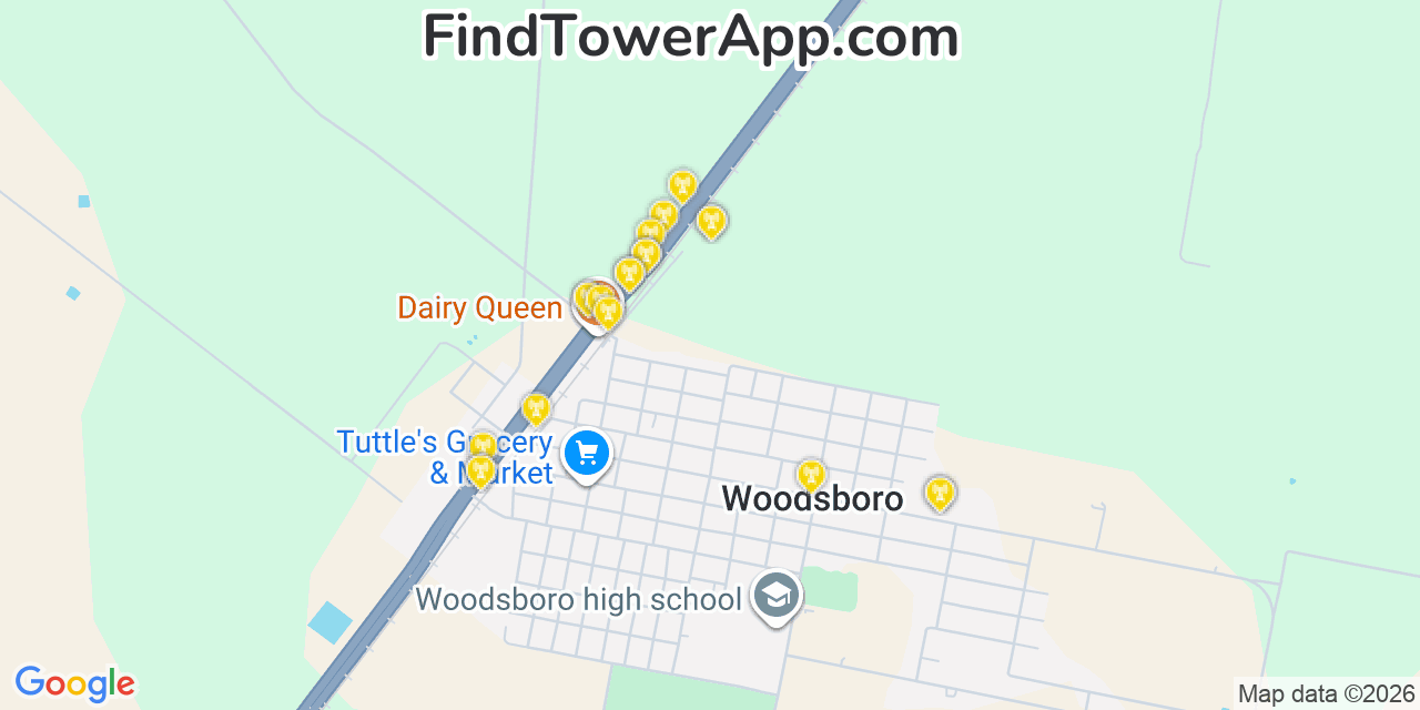 Map showing the 20 primary cell tower locations detected in Woodsboro, Texas from AT&T, Verizon, and T-Mobile networks