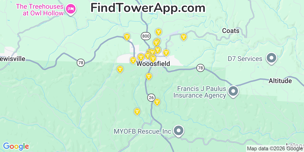 Map showing the 20 primary cell tower locations detected in Woodsfield, Ohio from AT&T, Verizon, and T-Mobile networks