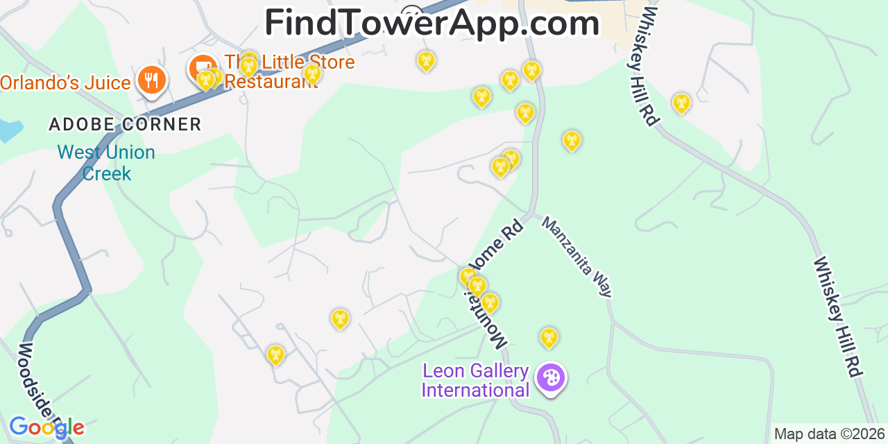 Map showing the 20 primary cell tower locations detected in Woodside, California from AT&T, Verizon, and T-Mobile networks