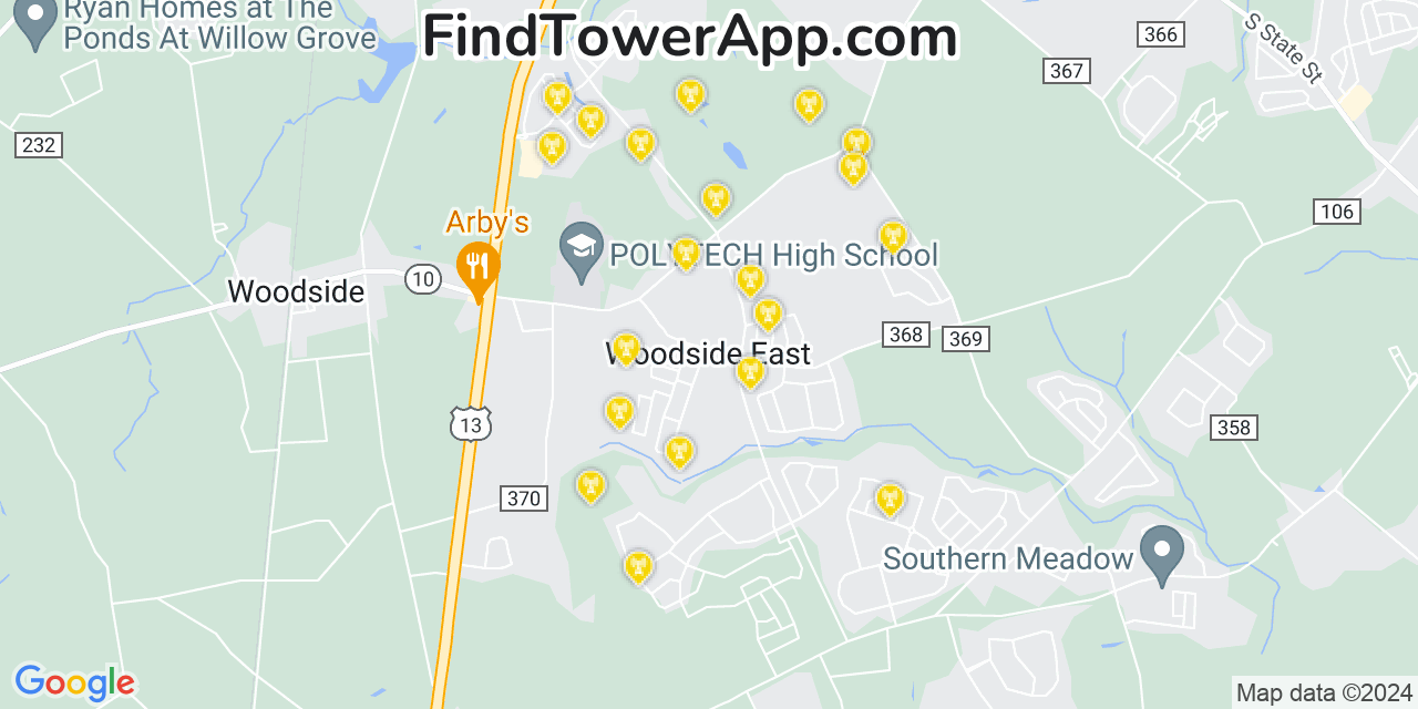 AT&T 4G/5G cell tower coverage map Woodside East, Delaware