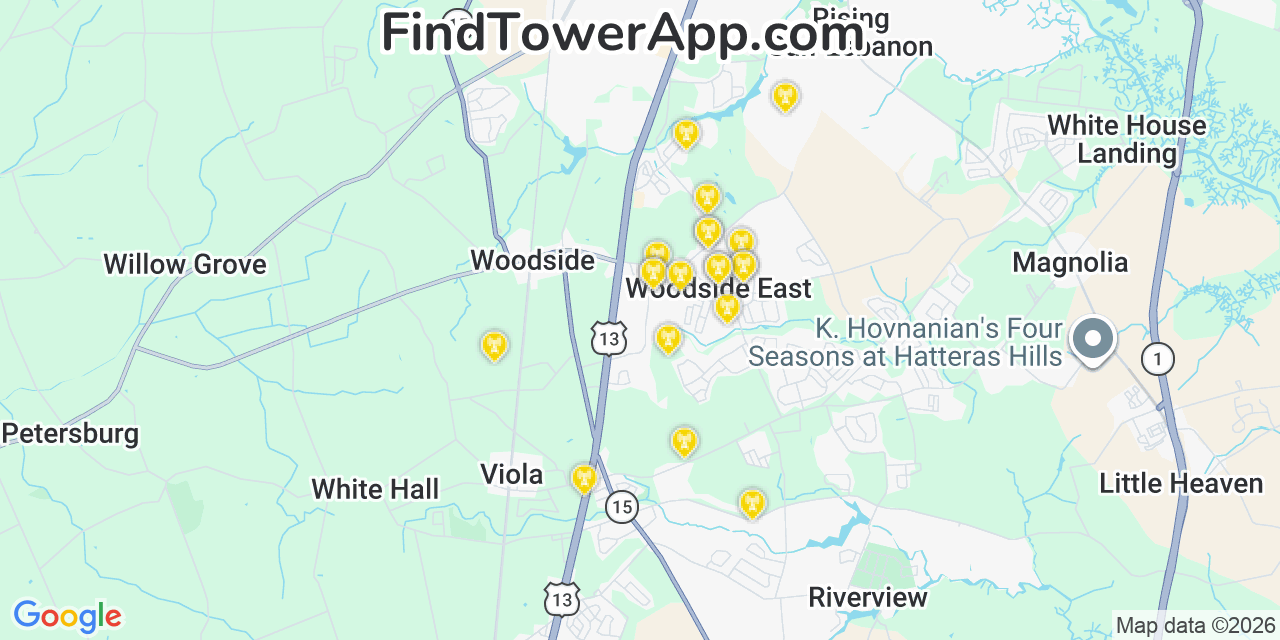 Map showing the 20 primary cell tower locations detected in Woodside East, Delaware from AT&T, Verizon, and T-Mobile networks