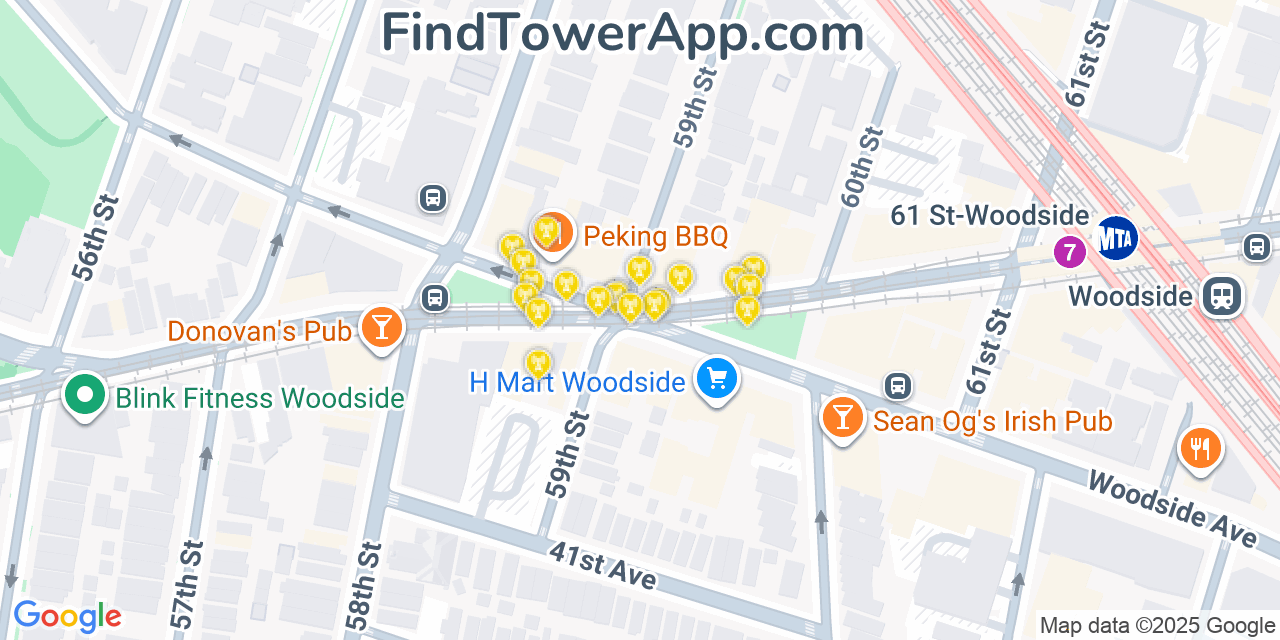 Map showing the 20 primary cell tower locations detected in Woodside, New York from AT&T, Verizon, and T-Mobile networks