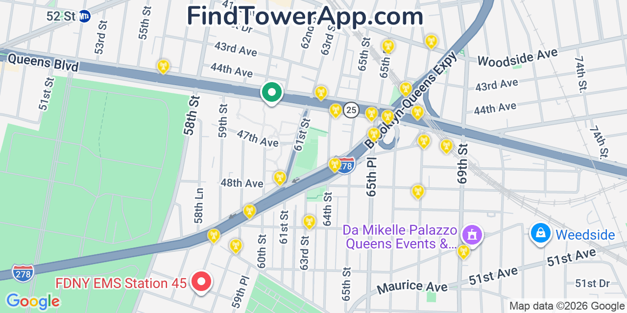 Map showing the 20 primary cell tower locations detected in Woodside, New York from AT&T, Verizon, and T-Mobile networks