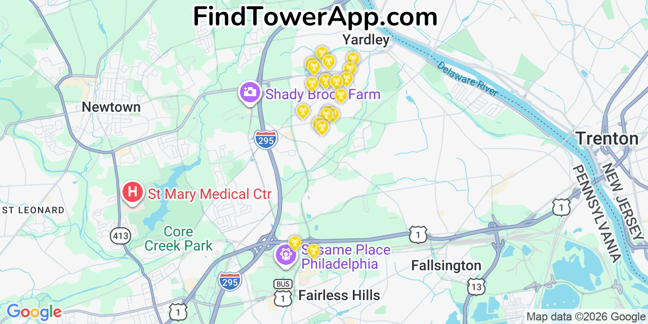 Map showing the 20 primary cell tower locations detected in Woodside, Pennsylvania from AT&T, Verizon, and T-Mobile networks
