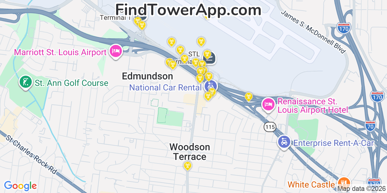 Map showing the 20 primary cell tower locations detected in Woodson Terrace, Missouri from AT&T, Verizon, and T-Mobile networks