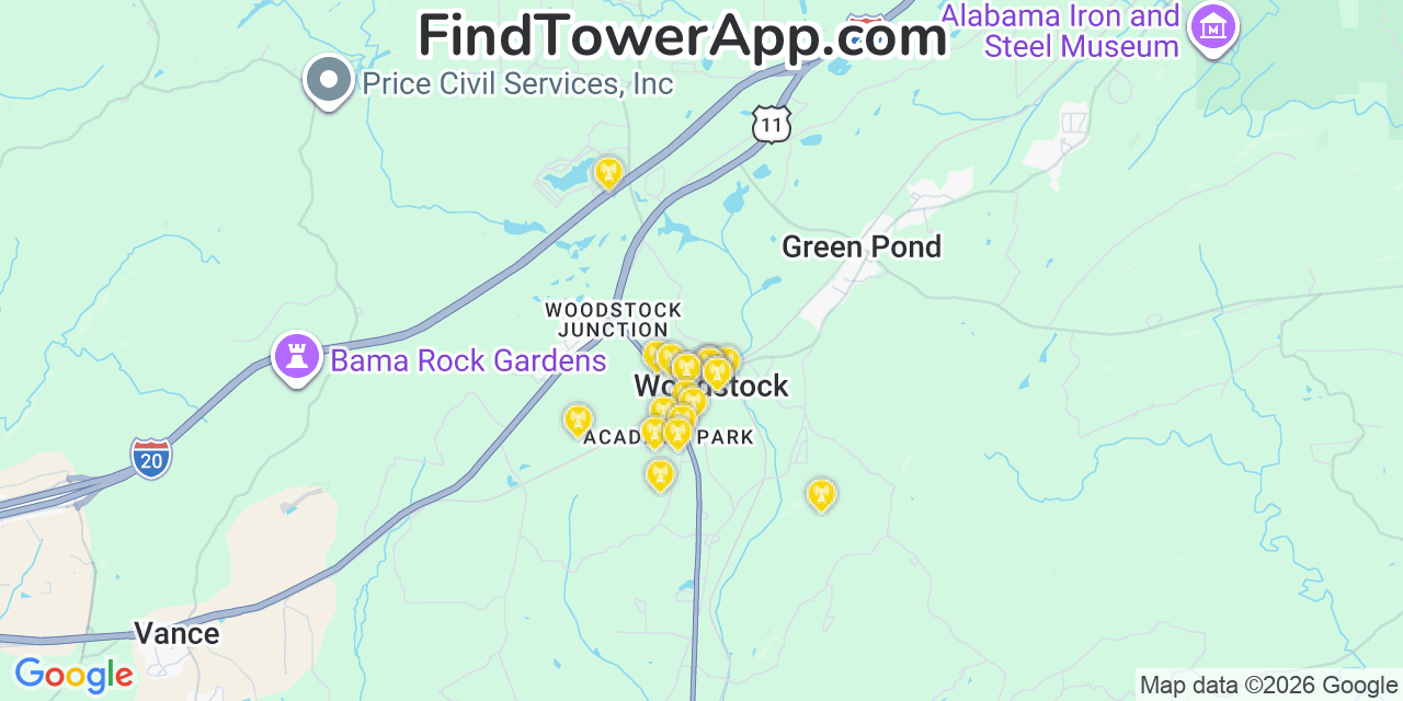 Map showing the 20 primary cell tower locations detected in Woodstock, Alabama from AT&T, Verizon, and T-Mobile networks