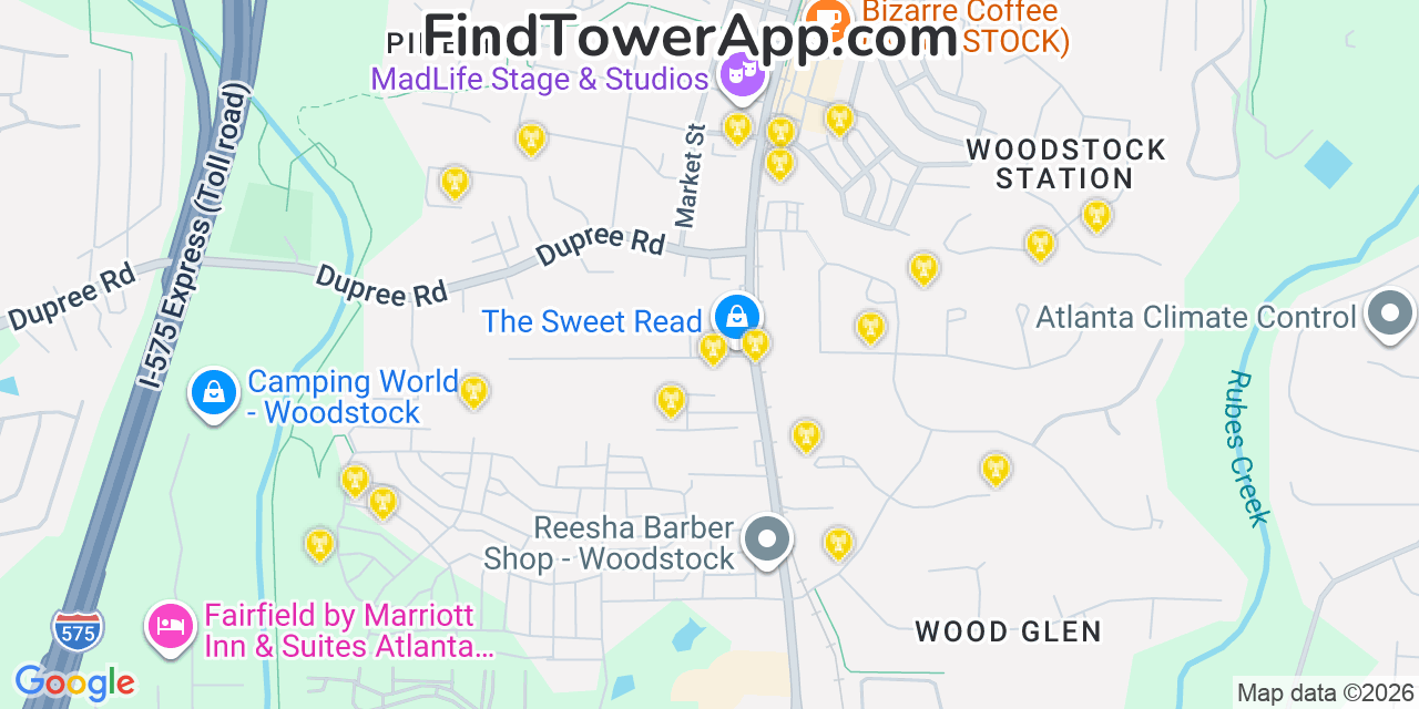 Map showing the 20 primary cell tower locations detected in Woodstock, Georgia from AT&T, Verizon, and T-Mobile networks