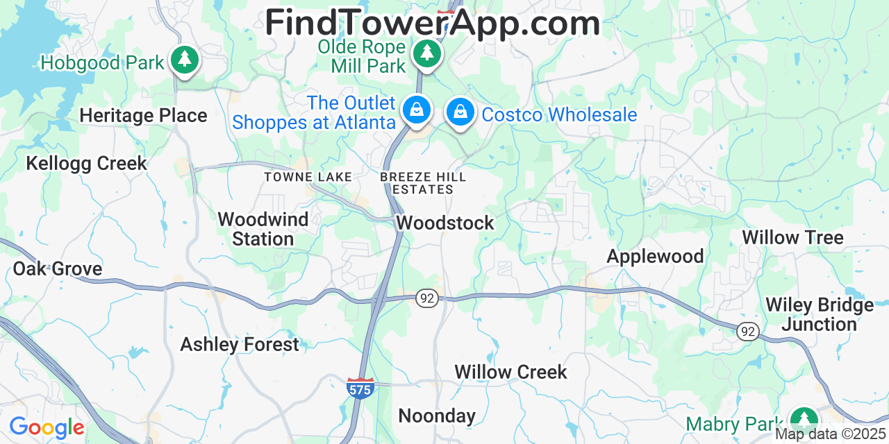 Map showing the 20 primary Mobitel cell tower locations detected in Woodstock, Georgia with coverage radius and signal strength indicators