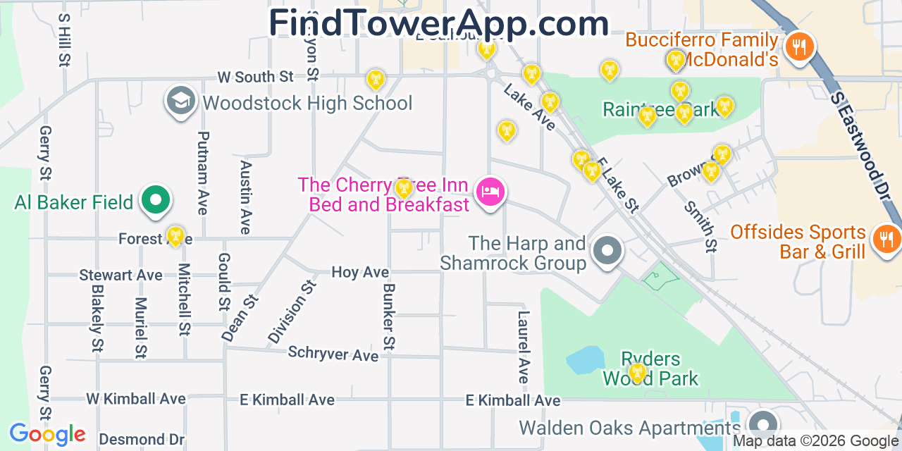 Map showing the 20 primary cell tower locations detected in Woodstock, Illinois from AT&T, Verizon, and T-Mobile networks