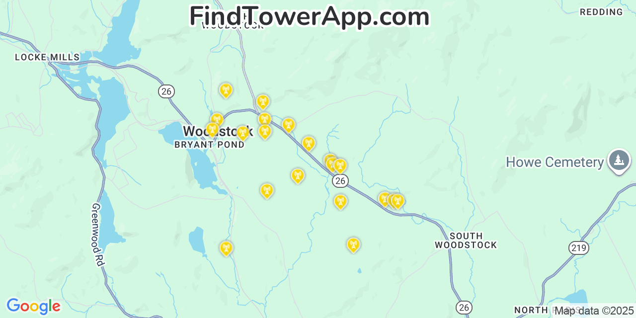 Map showing the 20 primary cell tower locations detected in Woodstock, Maine from AT&T, Verizon, and T-Mobile networks