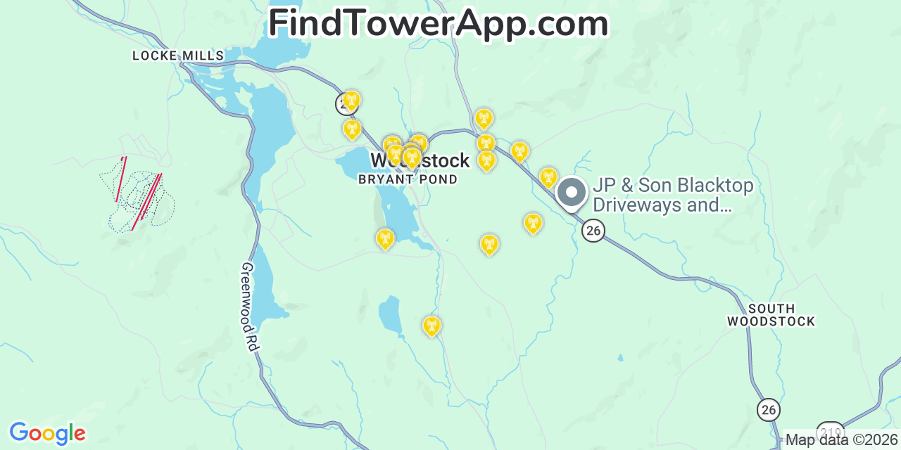 Map showing the 20 primary cell tower locations detected in Woodstock, Maine from AT&T, Verizon, and T-Mobile networks