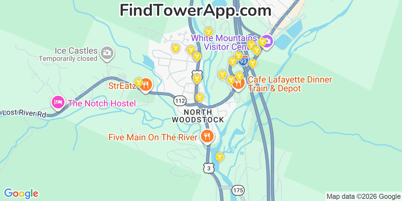 Map showing the 20 primary cell tower locations detected in Woodstock, New Hampshire from AT&T, Verizon, and T-Mobile networks