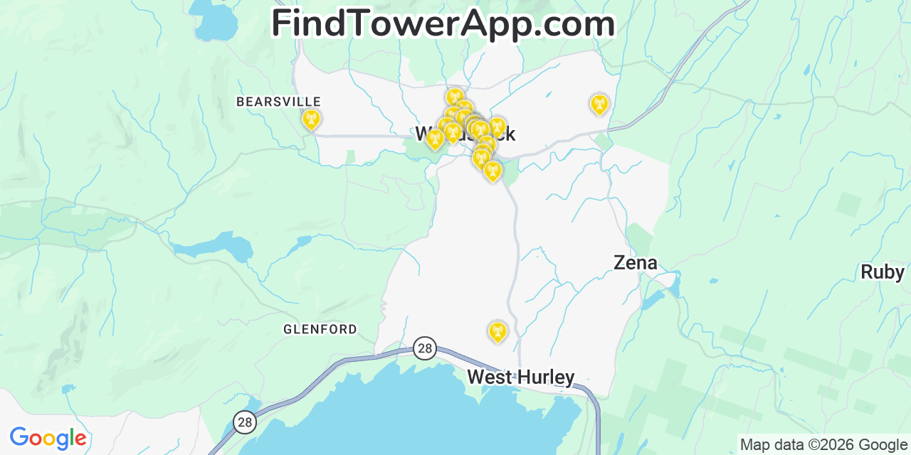 Map showing the 20 primary cell tower locations detected in Woodstock, New York from AT&T, Verizon, and T-Mobile networks
