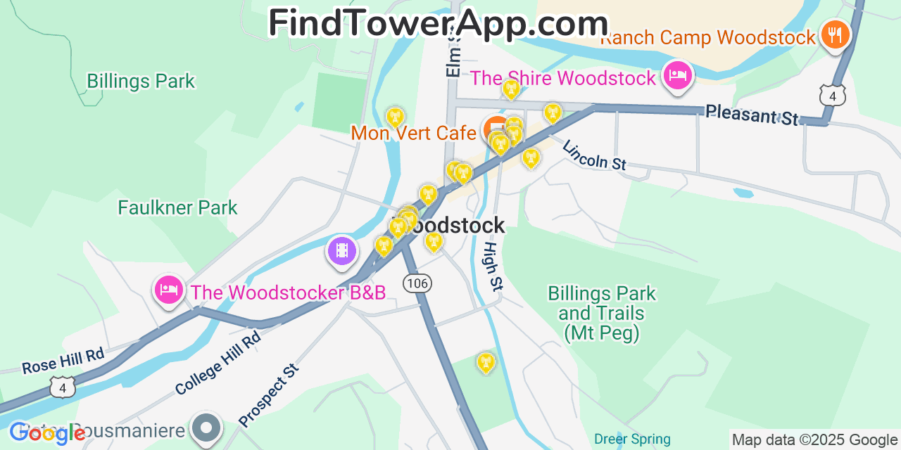 Map showing the 20 primary cell tower locations detected in Woodstock, Vermont from AT&T, Verizon, and T-Mobile networks