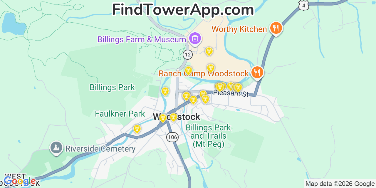 Map showing the 20 primary cell tower locations detected in Woodstock, Vermont from AT&T, Verizon, and T-Mobile networks