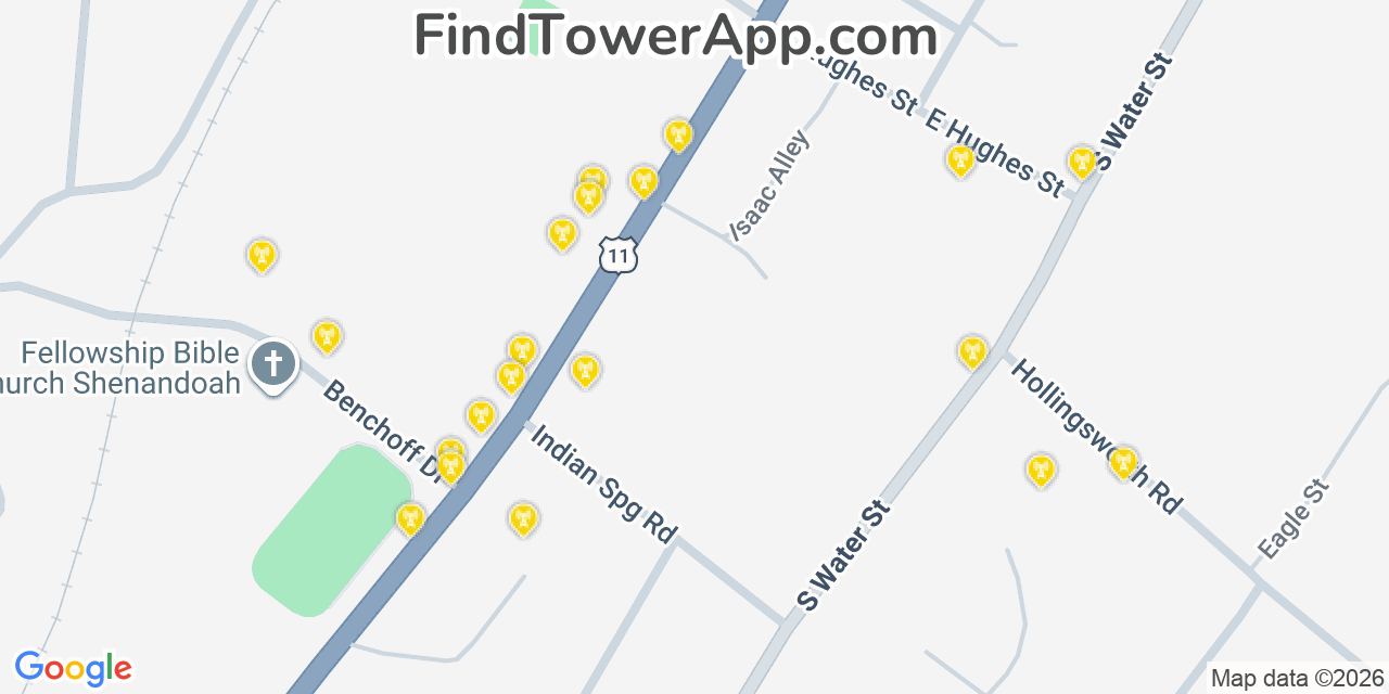 Map showing the 20 primary cell tower locations detected in Woodstock, Virginia from AT&T, Verizon, and T-Mobile networks