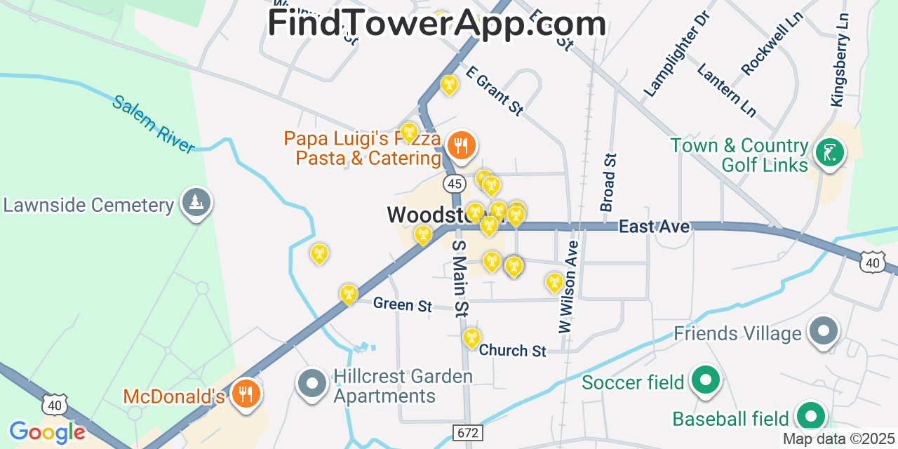 Map showing the 20 primary cell tower locations detected in Woodstown, New Jersey from AT&T, Verizon, and T-Mobile networks