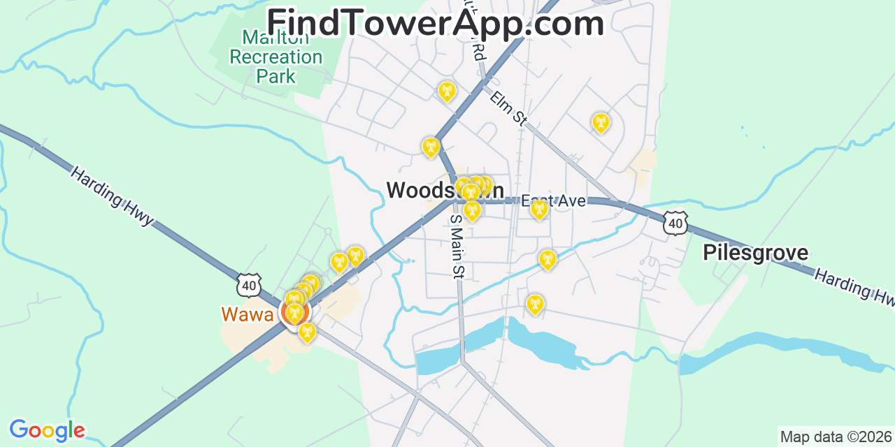 Map showing the 20 primary cell tower locations detected in Woodstown, New Jersey from AT&T, Verizon, and T-Mobile networks
