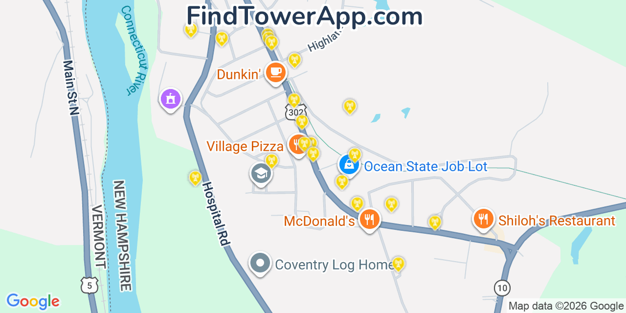 Map showing the 20 primary cell tower locations detected in Woodsville, New Hampshire from AT&T, Verizon, and T-Mobile networks