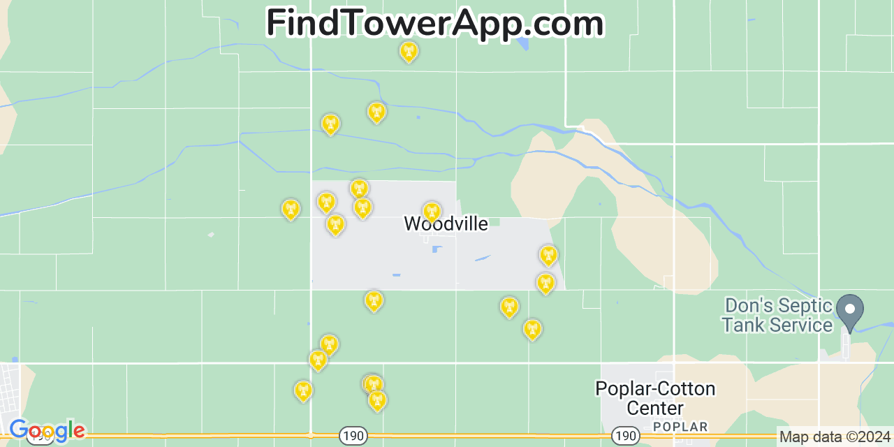 AT&T 4G/5G cell tower coverage map Woodville, California