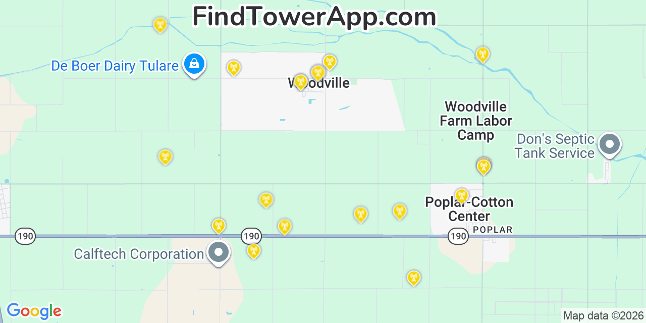 Map showing the 20 primary cell tower locations detected in Woodville, California from AT&T, Verizon, and T-Mobile networks