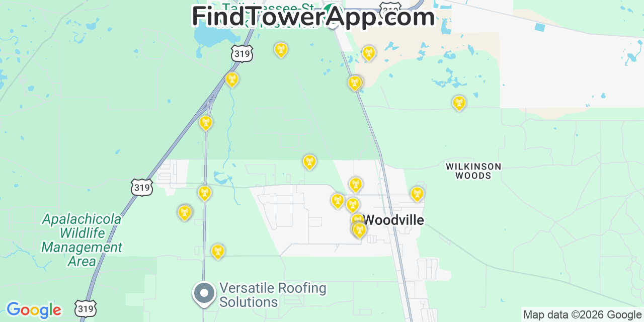 Map showing the 20 primary cell tower locations detected in Woodville, Florida from AT&T, Verizon, and T-Mobile networks