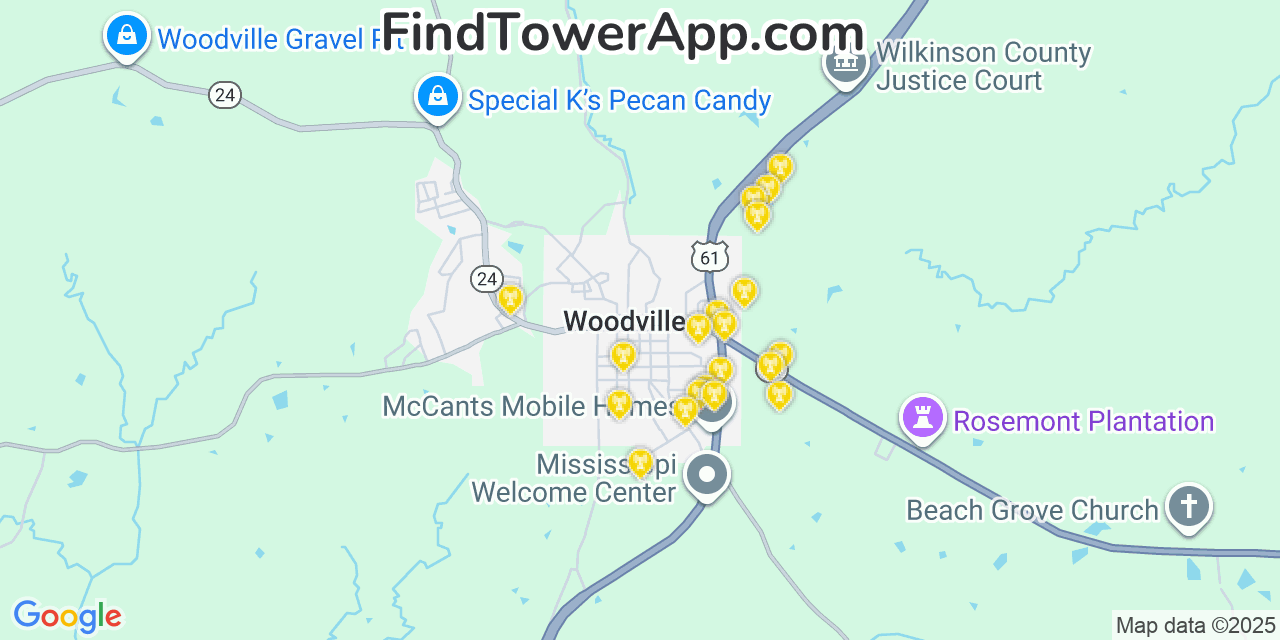 Map showing the 20 primary cell tower locations detected in Woodville, Mississippi from AT&T, Verizon, and T-Mobile networks