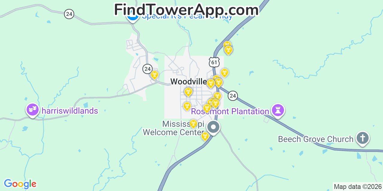 Map showing the 20 primary cell tower locations detected in Woodville, Mississippi from AT&T, Verizon, and T-Mobile networks
