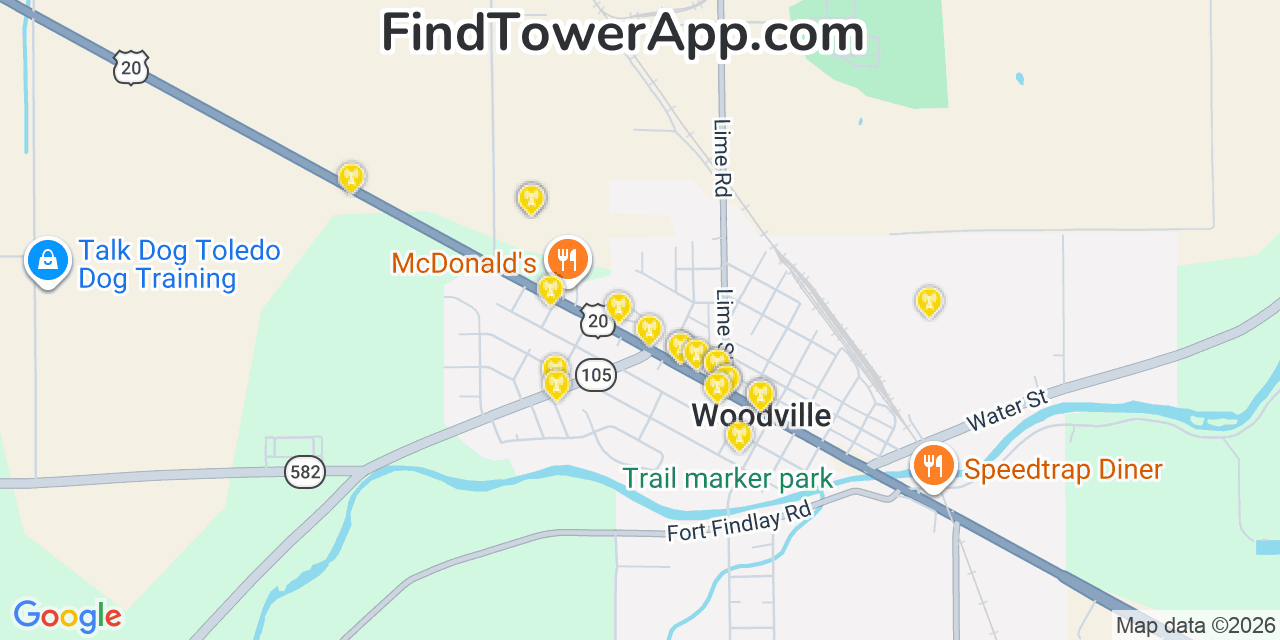 Map showing the 20 primary cell tower locations detected in Woodville, Ohio from AT&T, Verizon, and T-Mobile networks