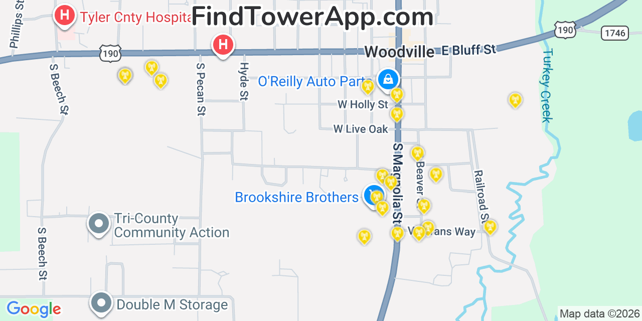 Map showing the 20 primary cell tower locations detected in Woodville, Texas from AT&T, Verizon, and T-Mobile networks