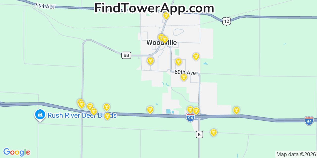 Map showing the 20 primary cell tower locations detected in Woodville, Wisconsin from AT&T, Verizon, and T-Mobile networks