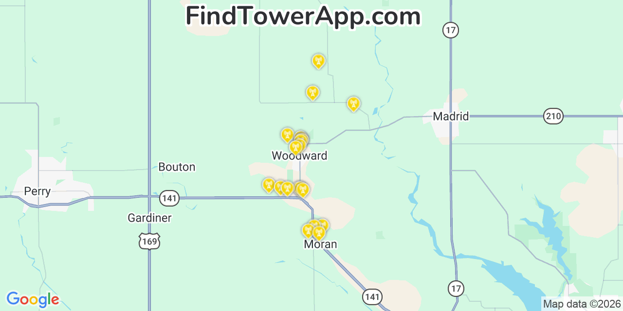 Map showing the 20 primary cell tower locations detected in Woodward, Iowa from AT&T, Verizon, and T-Mobile networks