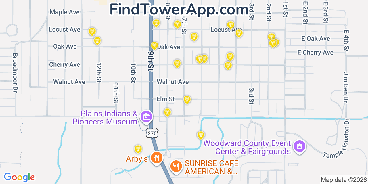 Map showing the 20 primary cell tower locations detected in Woodward, Oklahoma from AT&T, Verizon, and T-Mobile networks