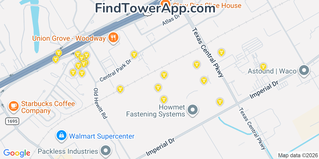 Map showing the 20 primary cell tower locations detected in Woodway, Texas from AT&T, Verizon, and T-Mobile networks