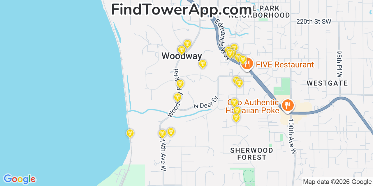 Map showing the 20 primary cell tower locations detected in Woodway, Washington from AT&T, Verizon, and T-Mobile networks
