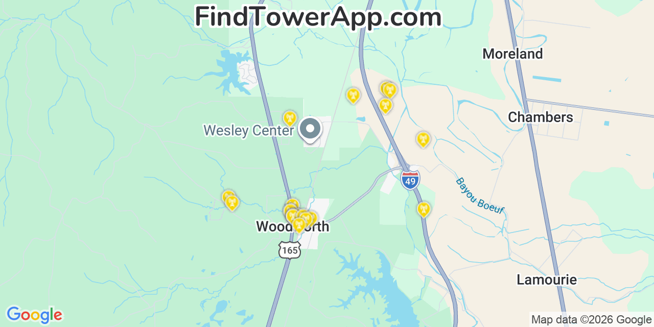 Map showing the 20 primary cell tower locations detected in Woodworth, Louisiana from AT&T, Verizon, and T-Mobile networks