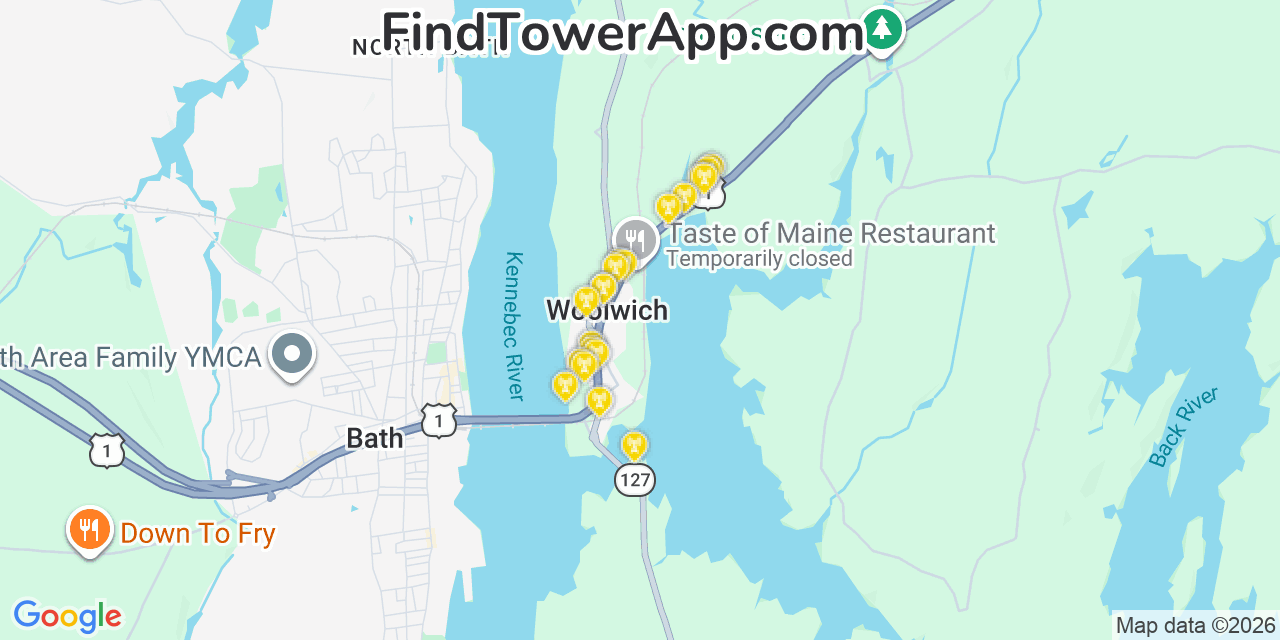 Map showing the 20 primary cell tower locations detected in Woolwich, Maine from AT&T, Verizon, and T-Mobile networks