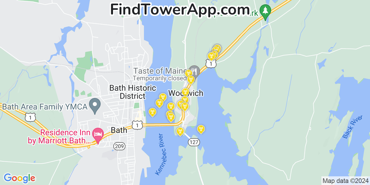 Verizon 4G/5G cell tower coverage map Woolwich, Maine