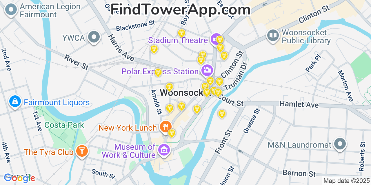 Map showing the 20 primary cell tower locations detected in Woonsocket, Rhode Island from AT&T, Verizon, and T-Mobile networks