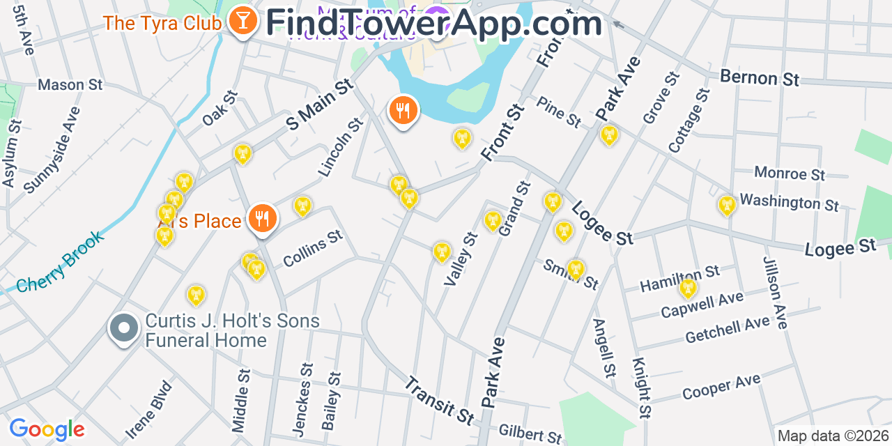 Map showing the 20 primary cell tower locations detected in Woonsocket, Rhode Island from AT&T, Verizon, and T-Mobile networks