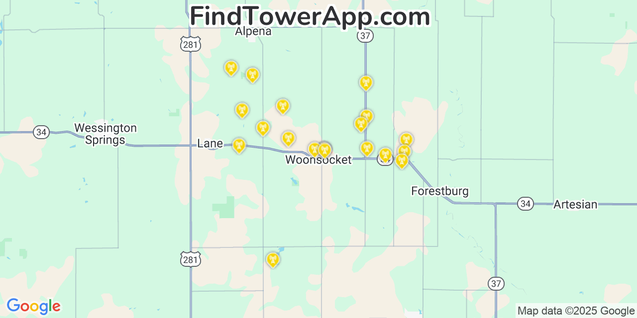 Map showing the 20 primary cell tower locations detected in Woonsocket, South Dakota from AT&T, Verizon, and T-Mobile networks