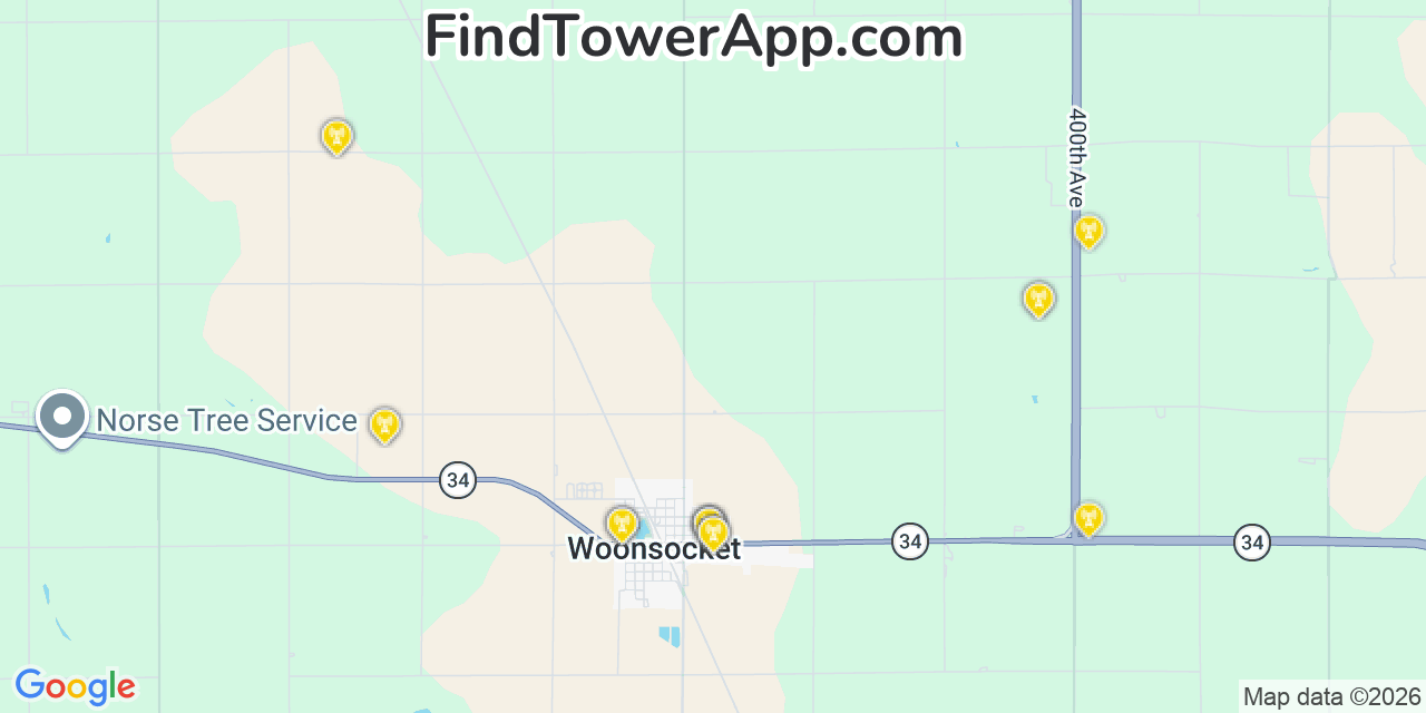 Map showing the 20 primary cell tower locations detected in Woonsocket, South Dakota from AT&T, Verizon, and T-Mobile networks